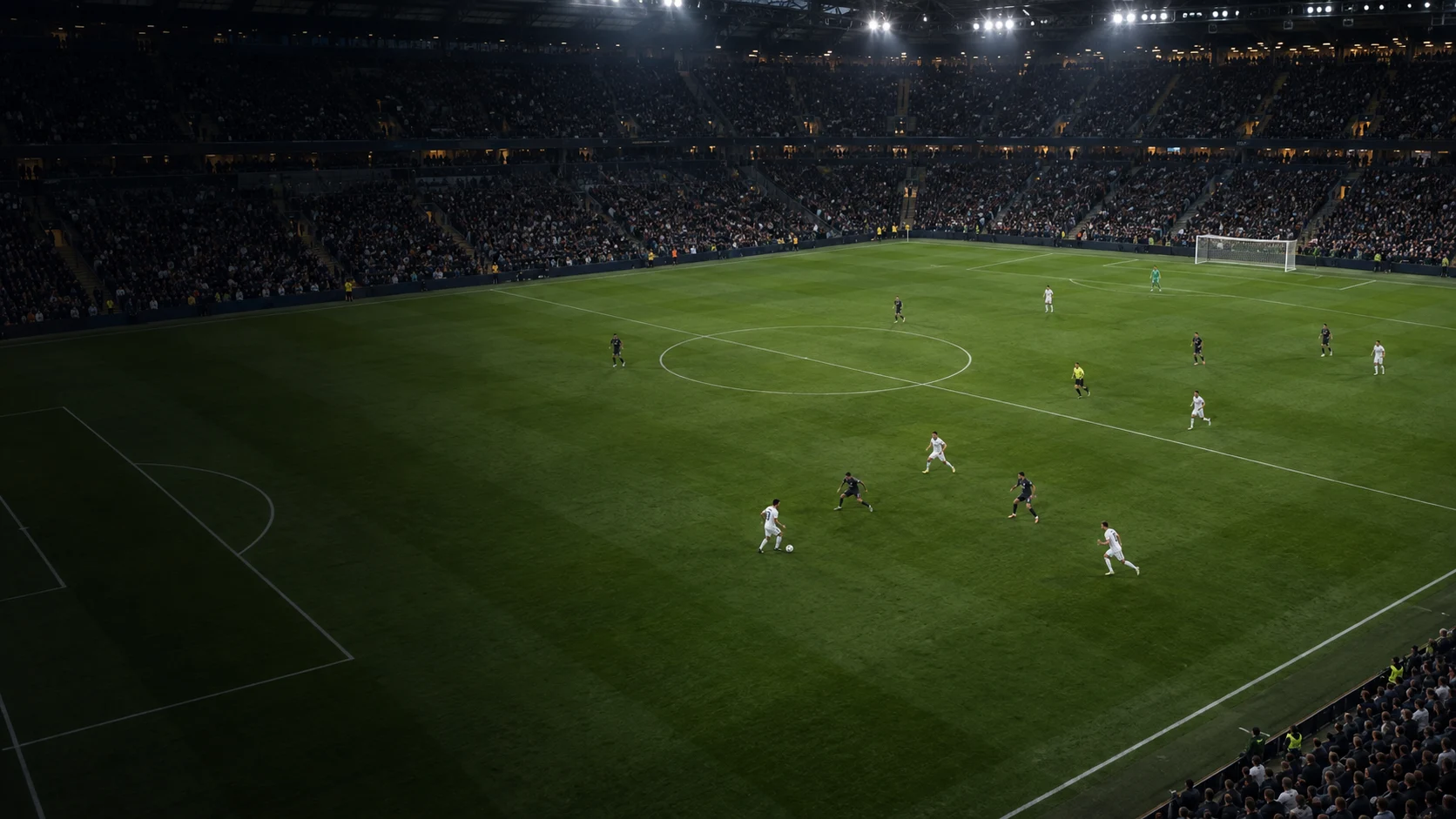 Geceleyin projektör ışığı altındaki bir futbol stadyumunda oynayan, beyaz ve füme formalı kurgusal takımlar